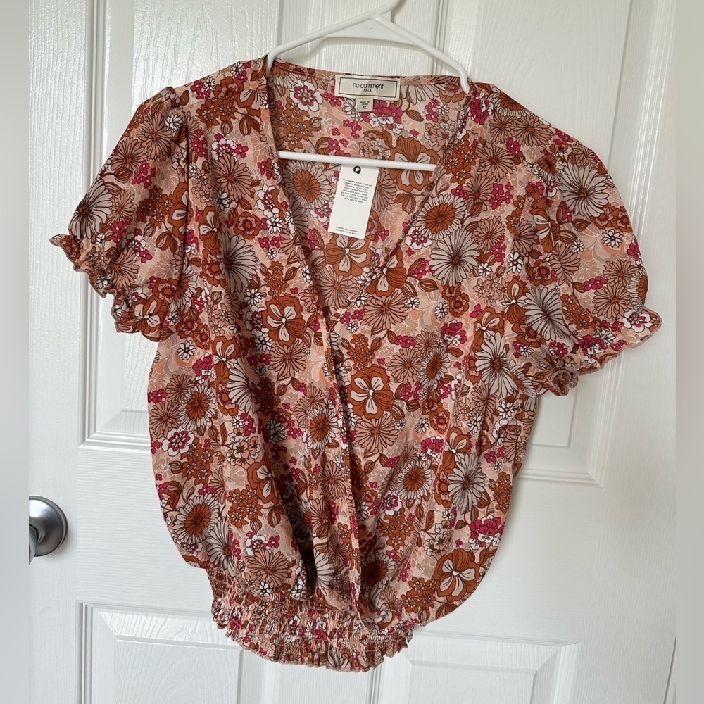 Floral Bronw And Pink Ruched Smocked Blouse